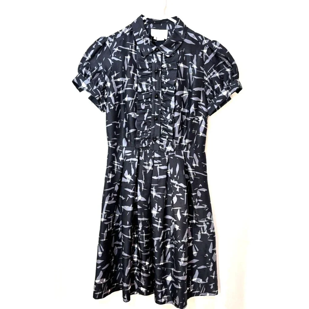 Kate Spade Nelli 100% Silk Fit Flare Dress sz 2 Black Gray Abstract Print Career
